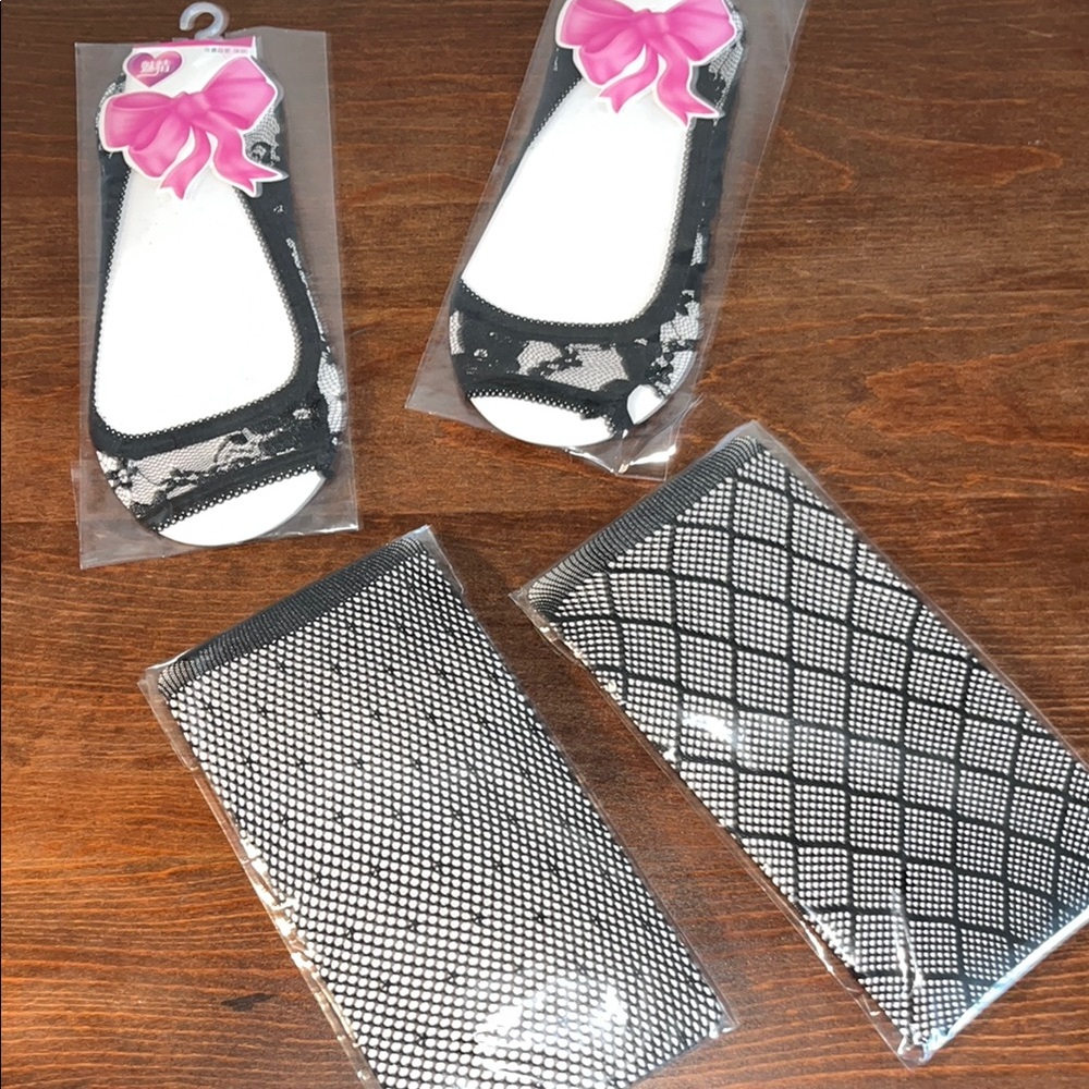 Black Lace No-Show Socks & Net Knee High Stockings New 2 pair each